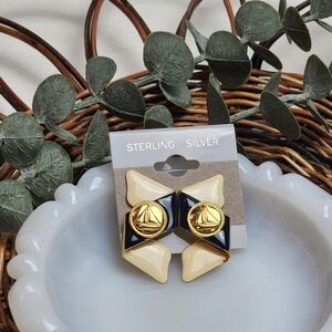 Vintage Style Stud Sailboat Gold, Navy, and White Ribbon Earrings, Unique Design